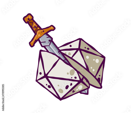 Cartoon dice for fantasy dnd and rpg Board game. The element d20 cut by the sword. Cartoon outline drawn illustration.