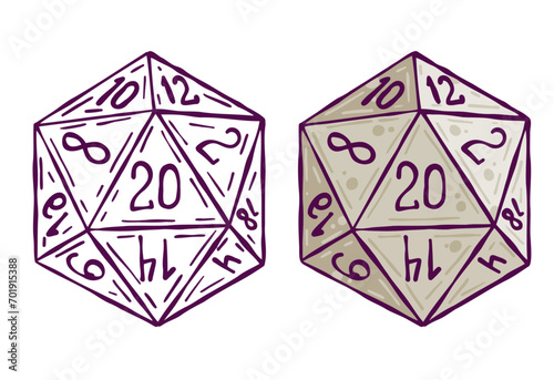 Dice d20 for playing Dnd. Dungeon and dragons board game. Cartoon outline drawn illustration photo