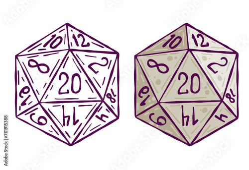 Dice d20 for playing Dnd. Dungeon and dragons board game. Cartoon outline drawn illustration