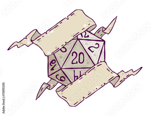 Dice d20 for playing Dnd. Dungeon and dragons board game. Cartoon outline drawn illustration with copy space for text