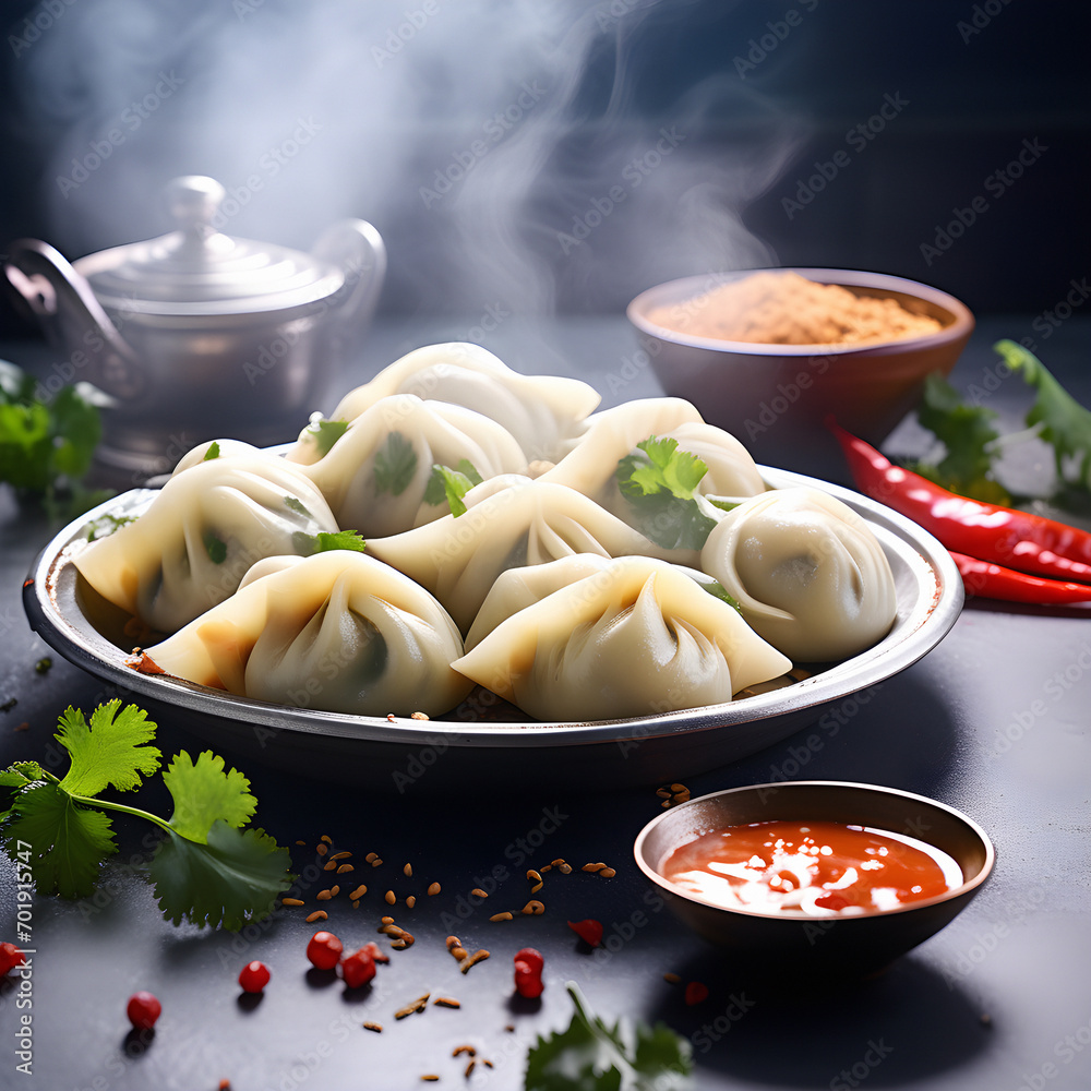 boiled dumplings with meat and vegetables on a black background