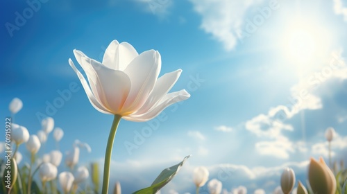 white cosmos flowers on blue sky background