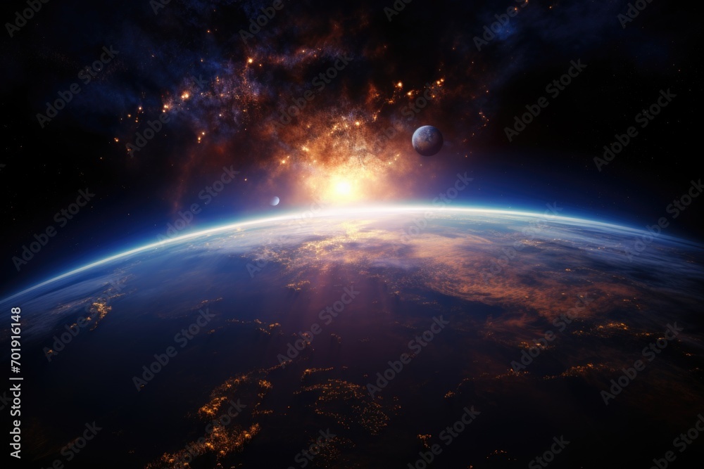 Earth with rising sun in space - obrazy, fototapety, plakaty 