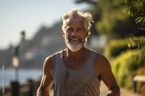 A mature, sporty man with a beard and silver hair goes for a run along the summer seaside city.
