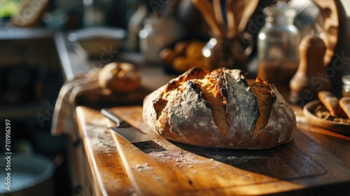 freshly baked sourdough bread, artisan kitchen, simplicity, morning sunlight. photo
