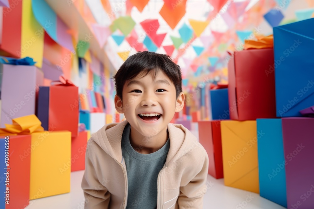 happy asian child boy with gift boxes tied ribbons and colorful paper decorations for the holiday happy asian child boy with gift boxes tied ribbons and colorful paper decorations for the holiday