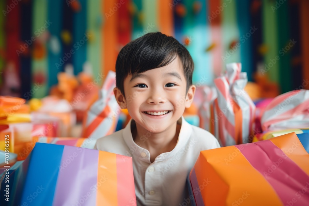 happy asian child boy with gift boxes tied ribbons and colorful paper decorations for the holiday happy asian child boy with gift boxes tied ribbons and colorful paper decorations for the holiday