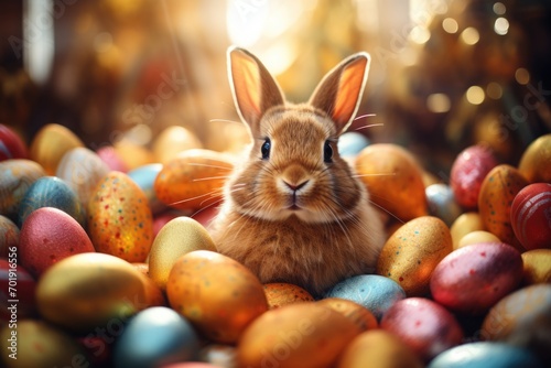 Happy Easter. Realistic cute bunny and colorful Easter eggs photo