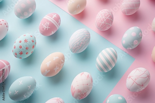 Easter pattern with pastel colored Easter eggs with geometric paint, on pastel colored background. Top view