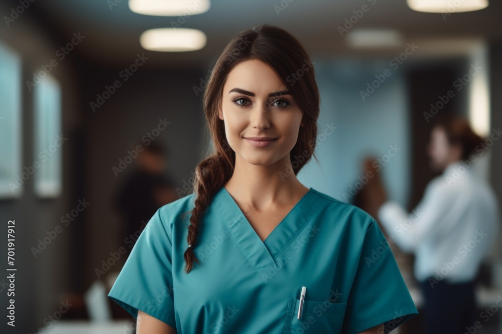 Fototapeta premium Happy woman medical assistant in clinic. Nurse in uniform doctor at hospital