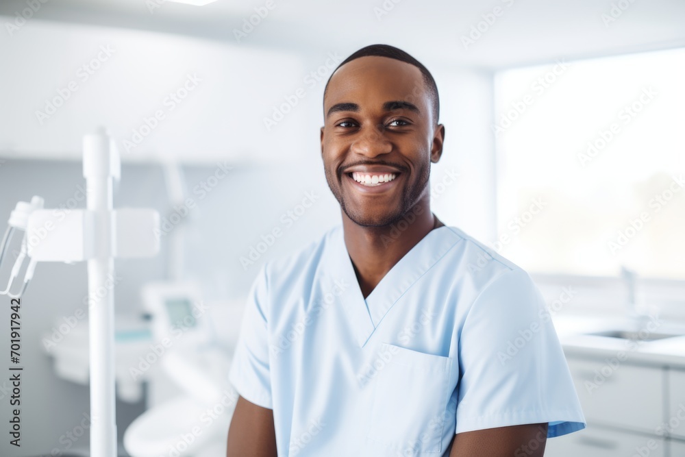 Happy african american man medical assistant in clinic. Nurse in uniform doctor at hospital Happy african american man medical assistant in clinic. Nurse in uniform doctor at hospital