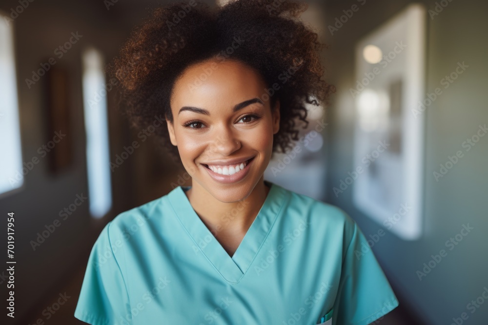 Happy african american woman medical assistant in clinic. Nurse in uniform doctor at hospital Happy african american woman medical assistant in clinic. Nurse in uniform doctor at hospital