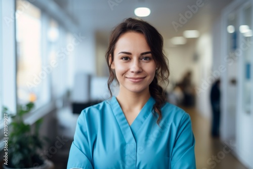 Happy woman medical assistant in clinic. Nurse in uniform doctor at hospital