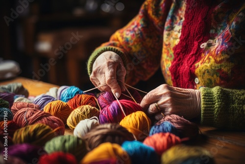 Elderly woman's hands knitting something from balls of yarn