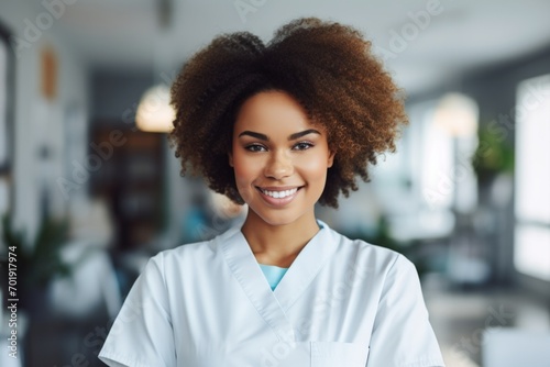 Happy african american woman medical assistant in clinic. Nurse in uniform doctor at hospital