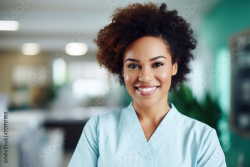 Happy african american woman medical assistant in clinic. Nurse in uniform doctor at hospital