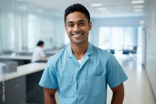 Happy indian man medical assistant in clinic. Nurse in uniform doctor at hospital