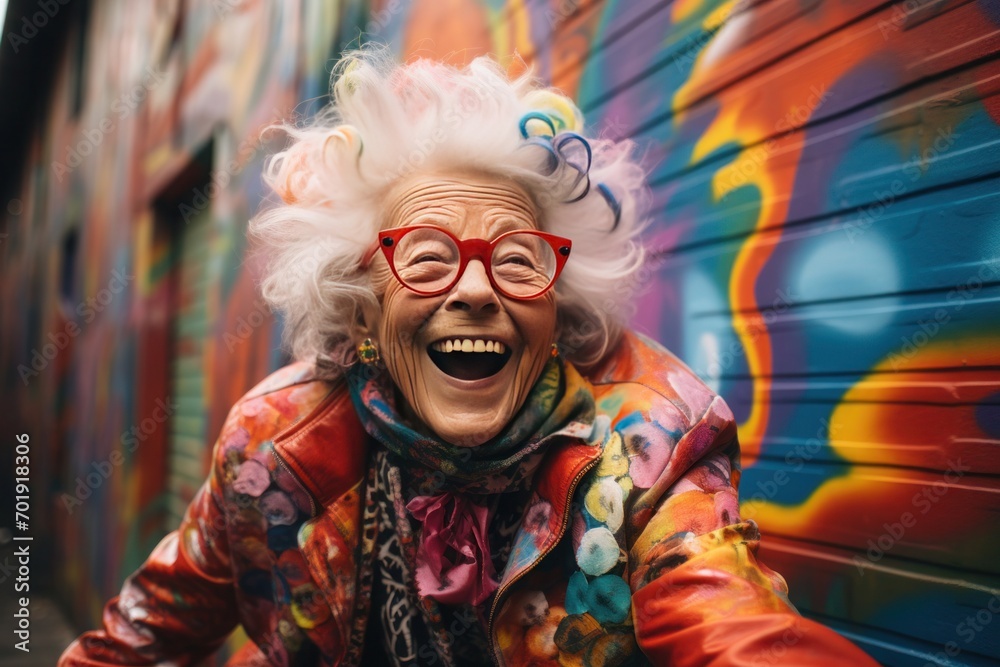 A delightfully senior woman, silver-haired and full of cheer, expresses her creativity by painting city house walls with beautiful flowers. A delightfully senior woman, silver-haired and full of cheer, expresses her creativity by painting city house walls with beautiful flowers.