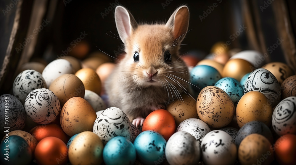 Small Rabbit Surrounded by Colorful Easter Eggs