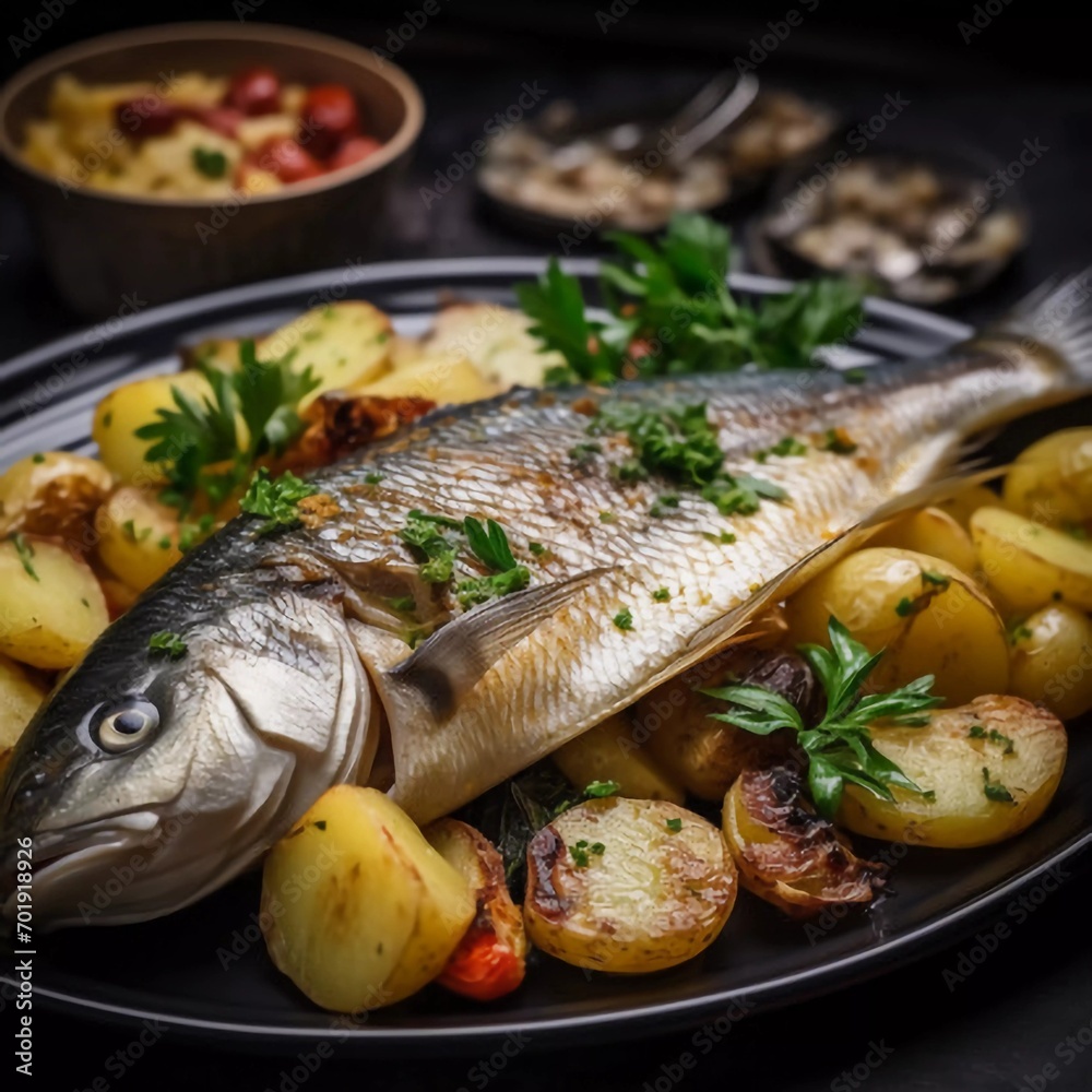 Close-up of sea bream fish with potatoes, AI generator Close-up of sea bream fish with potatoes, AI generator
