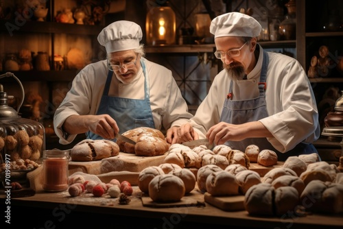  Professional bakers working together in a rustic bakery