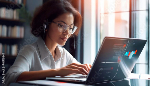 Woman working on laptop computer, watching video player, telework concept of webinar, Generative AI photo