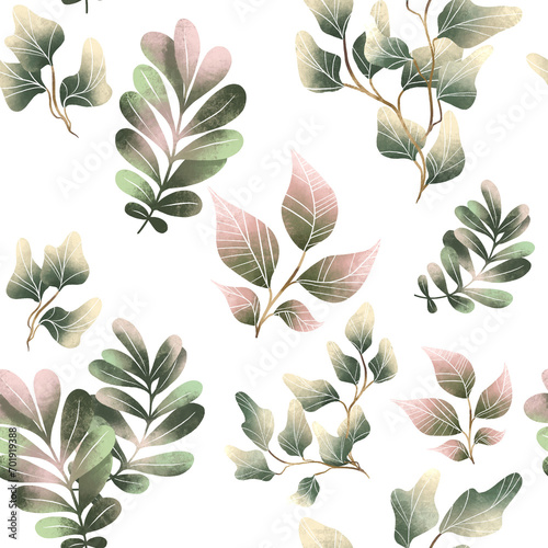 Leaves and branches of green and pink colour spring pattern 