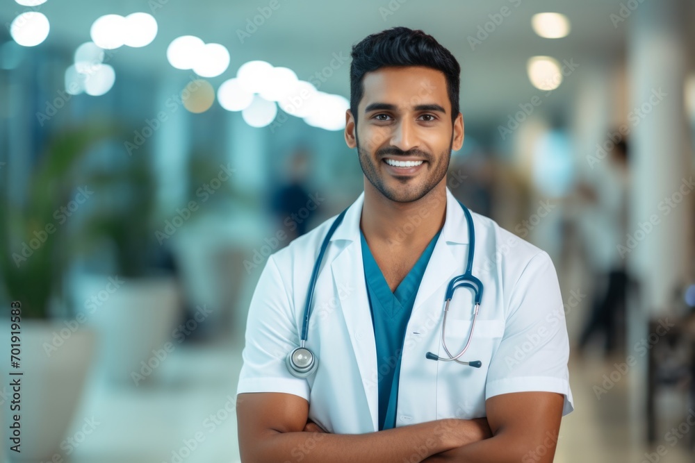 Happy indian man medical assistant in clinic. Nurse in uniform doctor at hospital