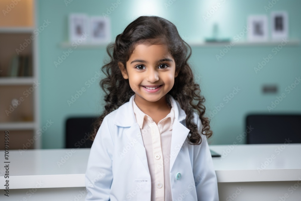 Happy indian child girl medical assistant in clinic. Nurse in uniform doctor at hospital Happy indian child girl medical assistant in clinic. Nurse in uniform doctor at hospital