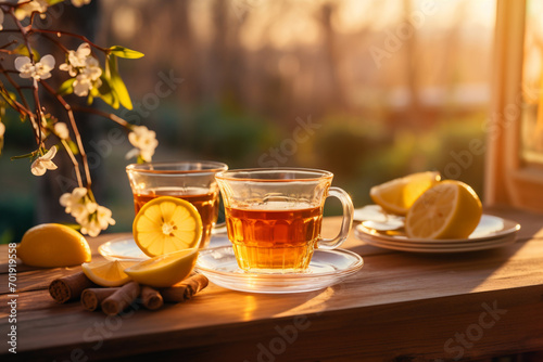 cup of tea with honey, lemon and ginger photo