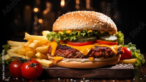 Delicious beef burger and french fries on dark background.