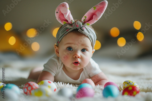 Adorable baby with bunny ears having tummy time and playing with colored easter eggs. High quality photo