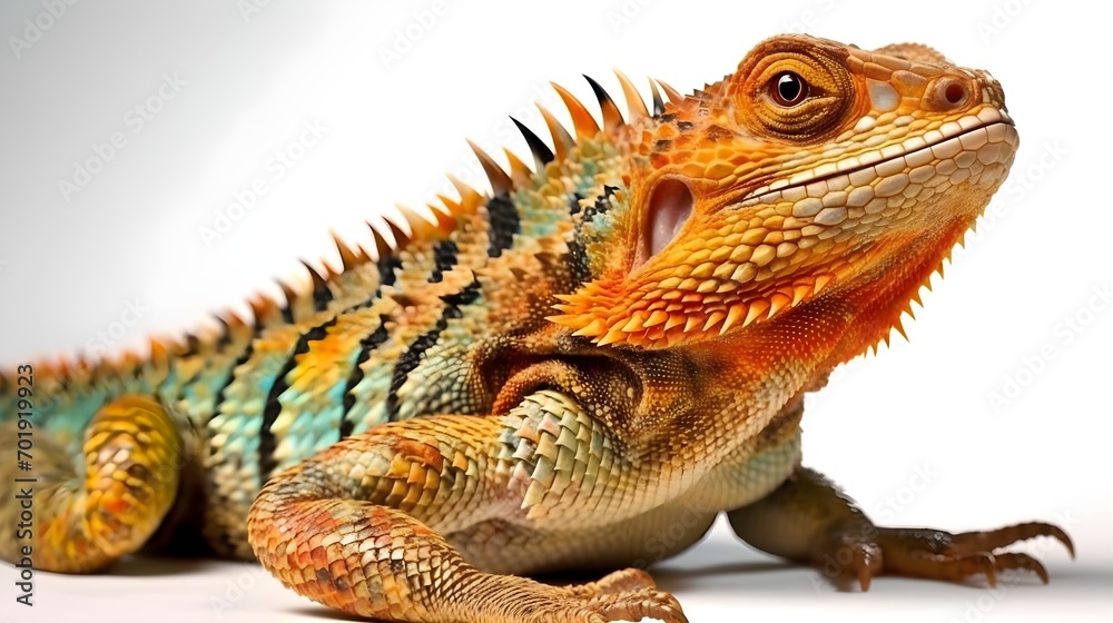 Vividly Colored Bearded Dragon Basking, Intense Orange and Brown Hues with Sharp Spines on a Soft White Background in a High Resolution Portrait