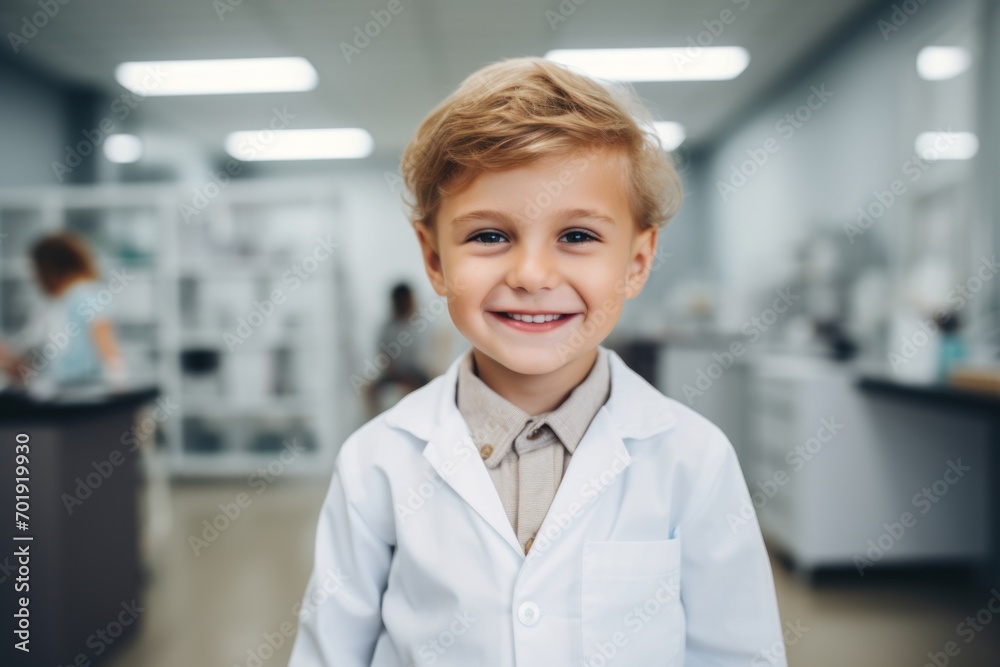 Happy child boy medical assistant in clinic. Nurse in uniform doctor at hospital