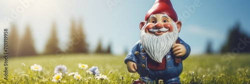 Funny garden gnome on a green meadow photo