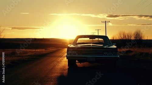 Vintage Car Parked on a Country Road at Sunset with Golden Hour Light Casting Shadows