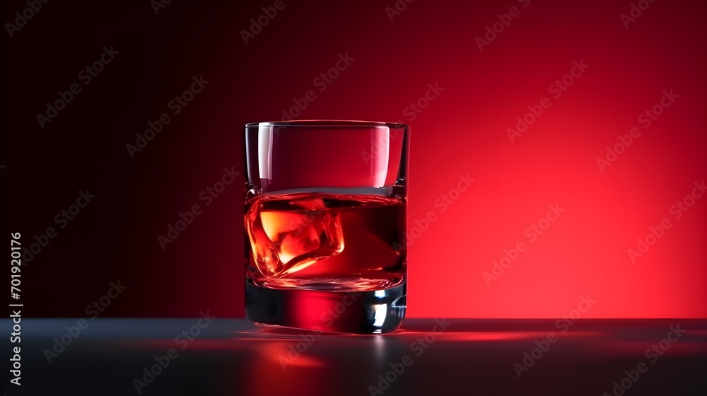 Whiskey or liquor on the rocks in a clear glass against a vibrant red background highlighting the amber liquid's glow - obrazy, fototapety, plakaty 