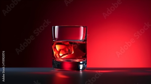 Whiskey or liquor on the rocks in a clear glass against a vibrant red background highlighting the amber liquid's glow photo
