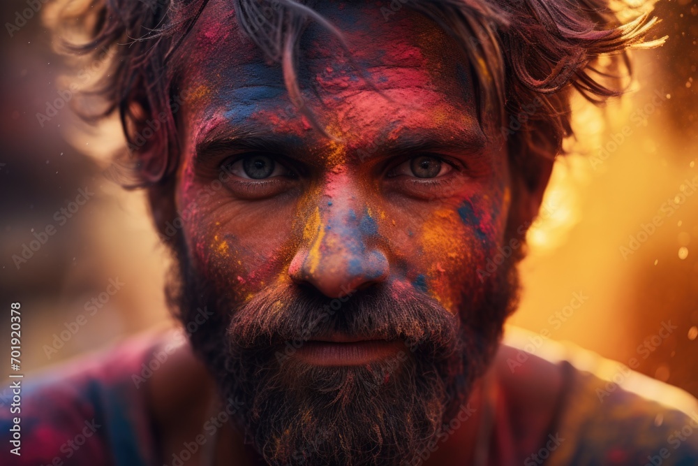 Man with his face fully covered with bright holi yellow and pink paint, Holi Festival, Man with his face fully covered with bright holi yellow and pink paint, Holi Festival,