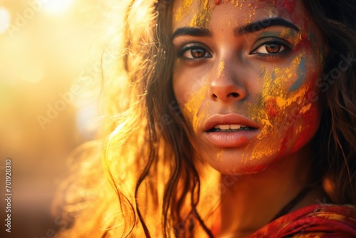 Portrait of a young Indian woman with colored face celebrating Holi Color festival