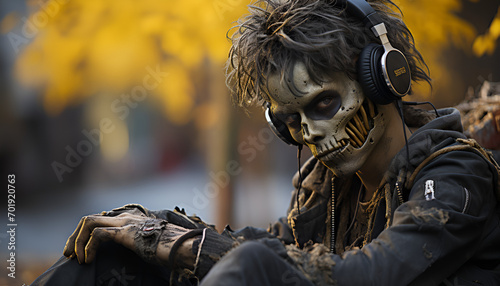 Person wearing head phones, skeleton gothic face paint mask