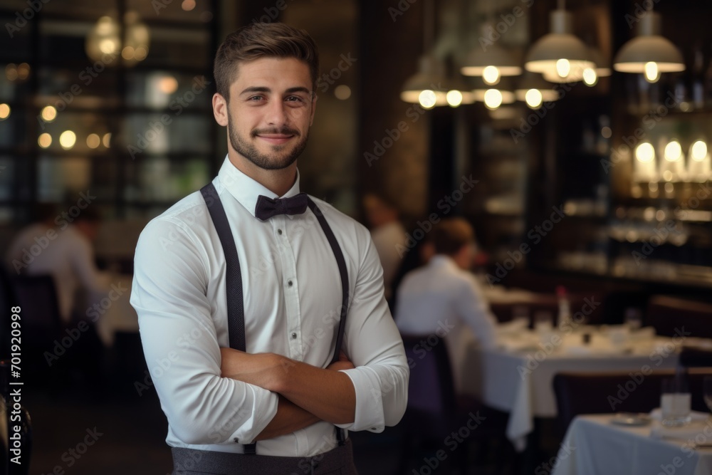 happy man waiter in restaurant, cafe or bar happy man waiter in restaurant, cafe or bar