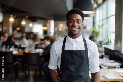 happy african american man waiter in restaurant, cafe or bar