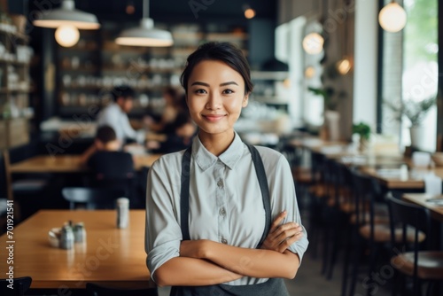 happy asian woman waiter in restaurant, cafe or bar © vasyan_23