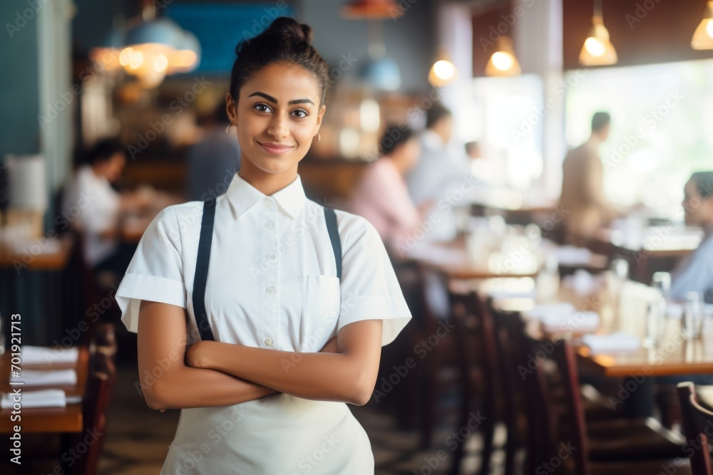 Obraz premium happy indian woman waiter in restaurant, cafe or bar