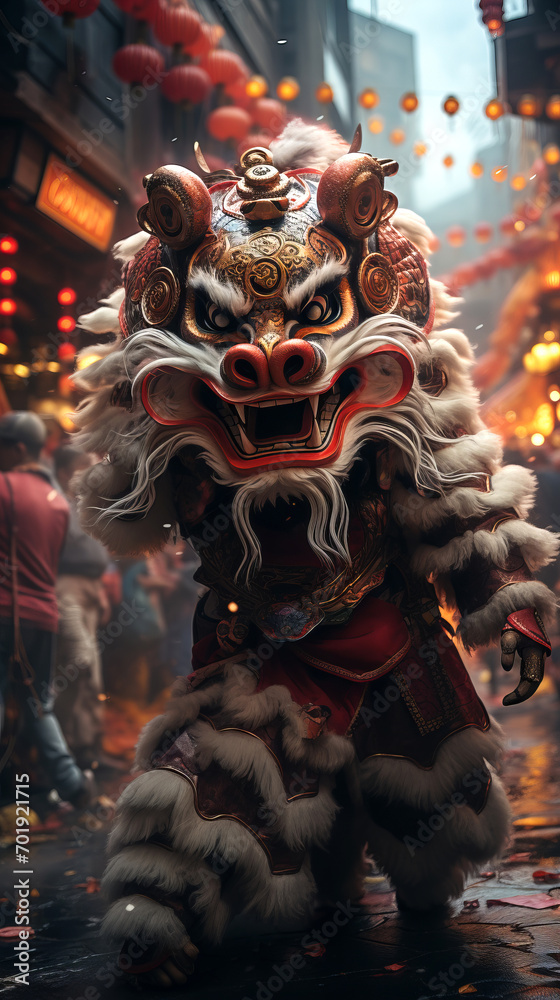 Dragon and lion dance show in Chinese New Year festival. Holiday celebration concept.
