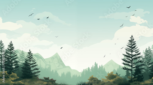 Minimalist Mountain Forest Landscape Wallpaper, Simple Nature Illustration and Tranquil Backdrop, Pine and Spruce Tree Wilderness