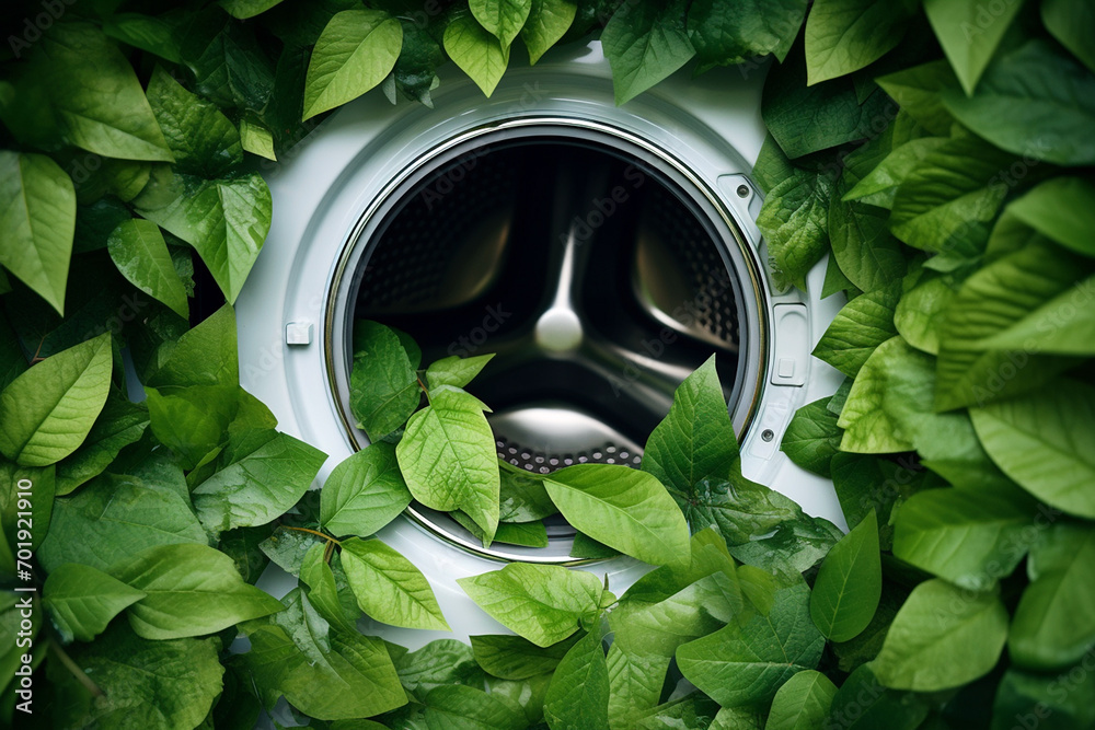 Washing machine with green leaves in it. Eco cleaning, eco friendly washing concept. Environmentally friendly bio natural home cleaning. Plants near modern washing machine. Spring cleaning theme. - obrazy, fototapety, plakaty 