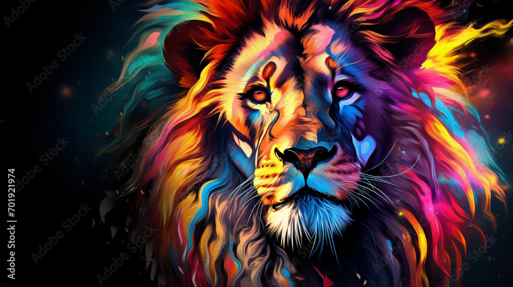 A vibrant lion wearing colorful glass