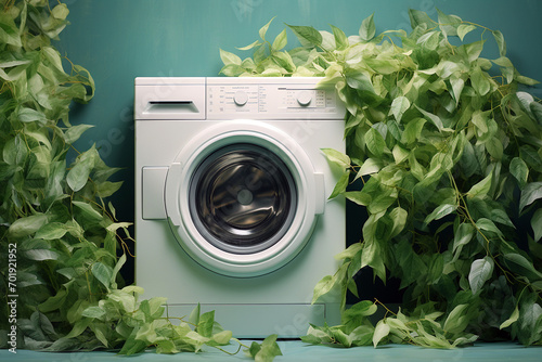 Washing machine with green leaves in it. Eco cleaning, eco friendly washing concept. Environmentally friendly bio natural home cleaning. Plants near modern washing machine. Spring cleaning theme.